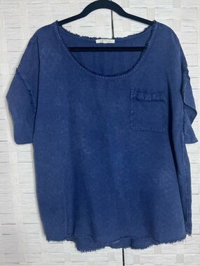 Pure Good Rayon Linen Blend Blue Coastal Beach Vacation Minimalist‎ Shirt Size L